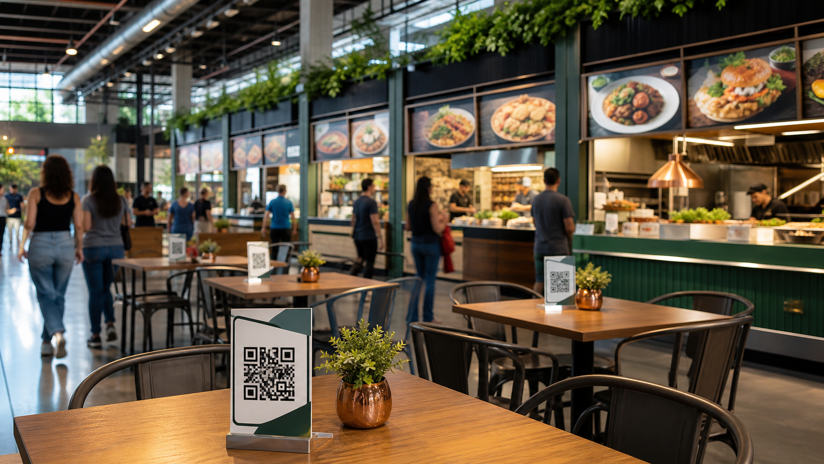 Praça de alimentação com várias bancas e QR Codes nas mesas.