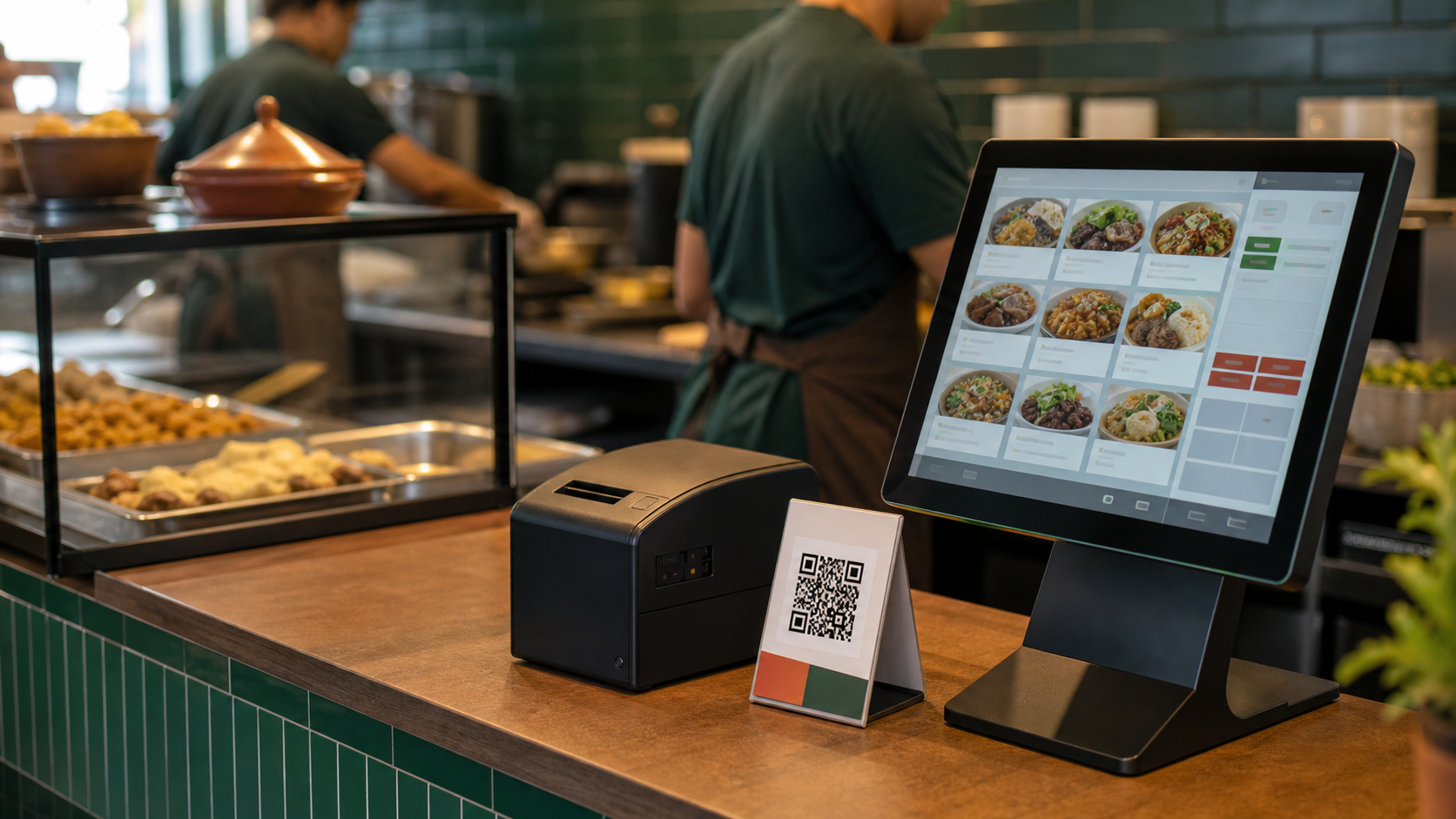 Balcão de restaurante com terminal de pedidos, impressora e QR Code de mesa.